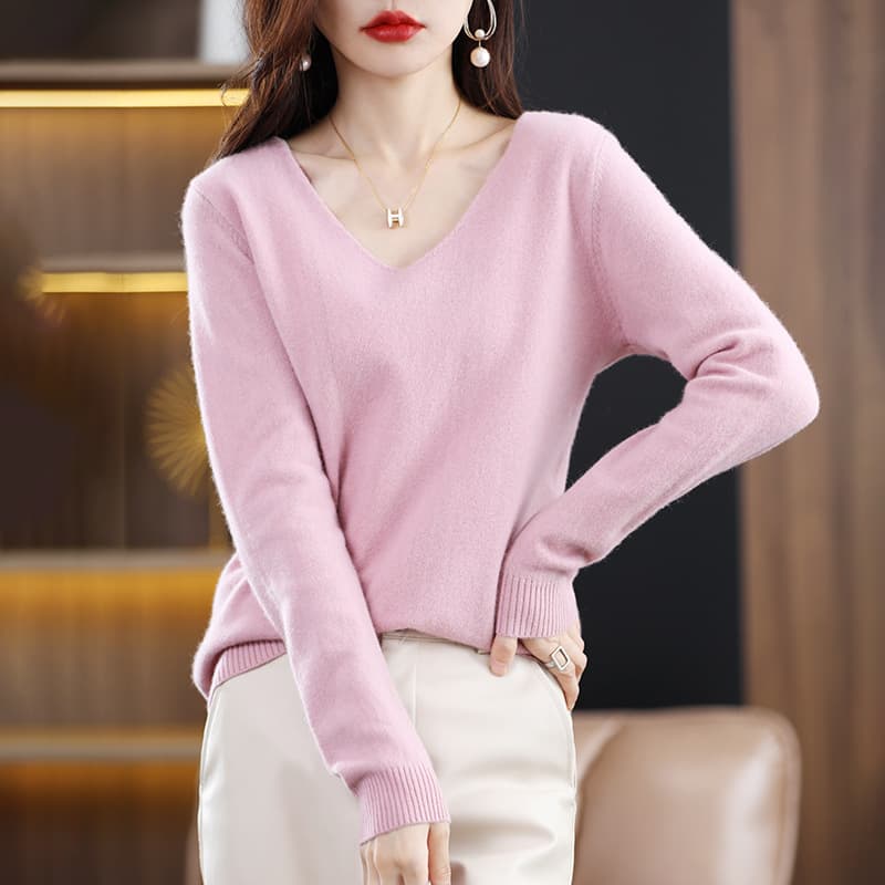 V-Neck Knit Sweater for Women, Loose Fit, Solid Color, Simple Pullover Base Layer, Autumn New Long-Sleeve Short Top
