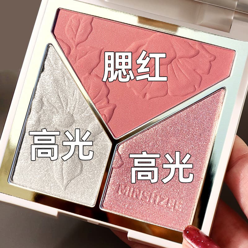 Mingxizhi 3-Color Contour Palette All-in-One Long-Lasting Smudge-Proof Highlight Shimmer Shadow Brightening Blush Palette