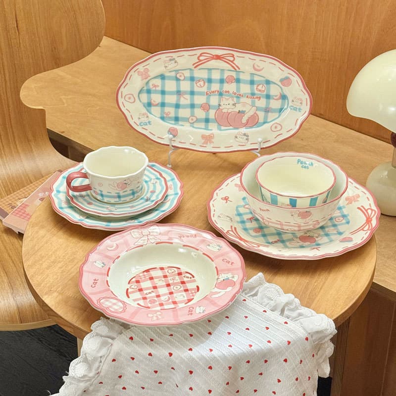 Unporcelain peach cat underglaze color ceramic tableware set household bowls, plates, cups and saucers combination girly heart one person eating plate