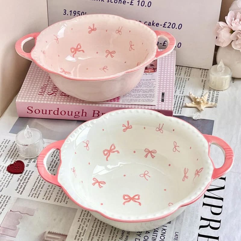 Girl Bow Ceramic Double-Handled Soup Bowl, Large Capacity Underglaze Color Bowl and Plate Set, Ins High-Fashion Home Tableware