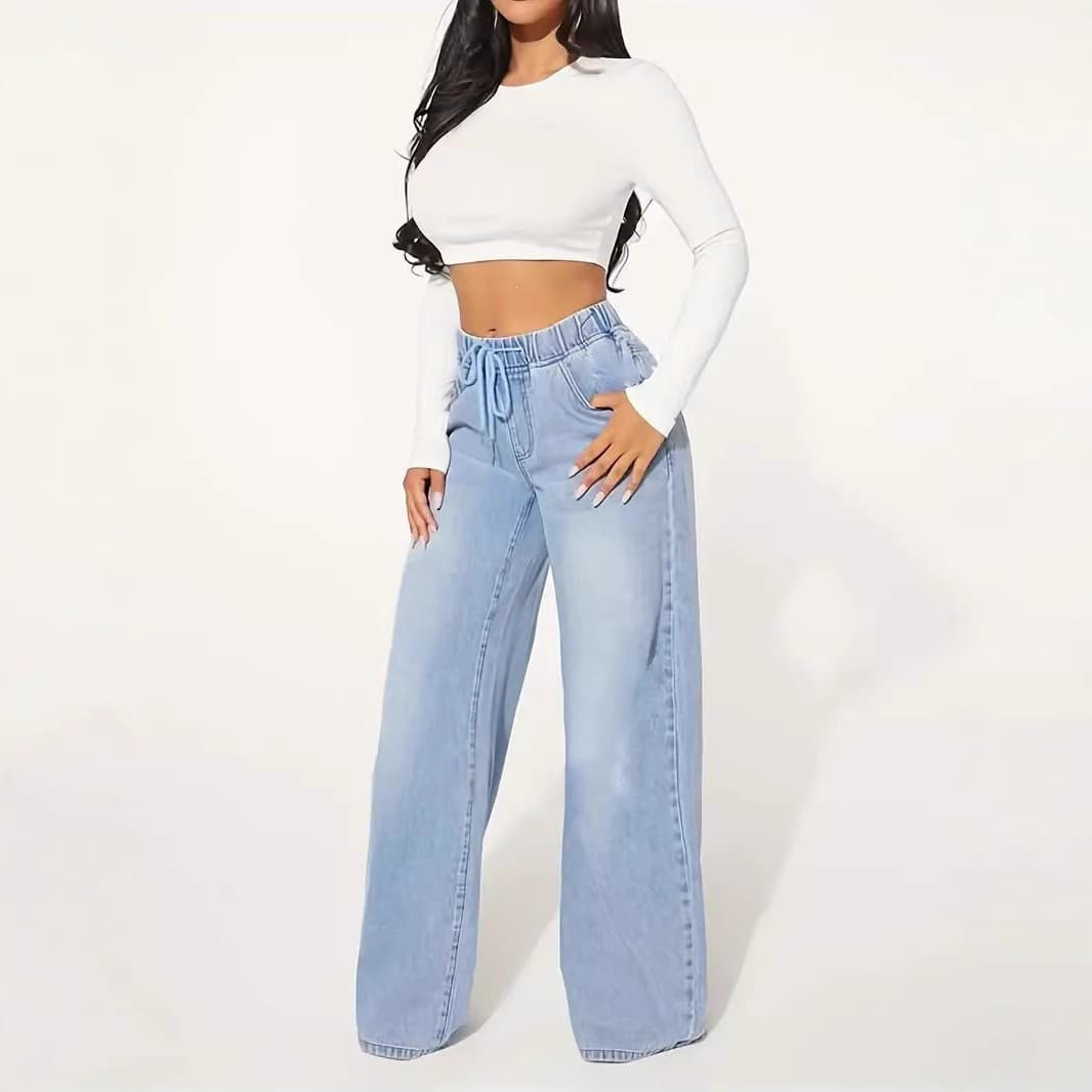 Amazon cross-border European and American foreign trade 2026 women's denim high-waist slim drawstring loose wide-leg jeans for women