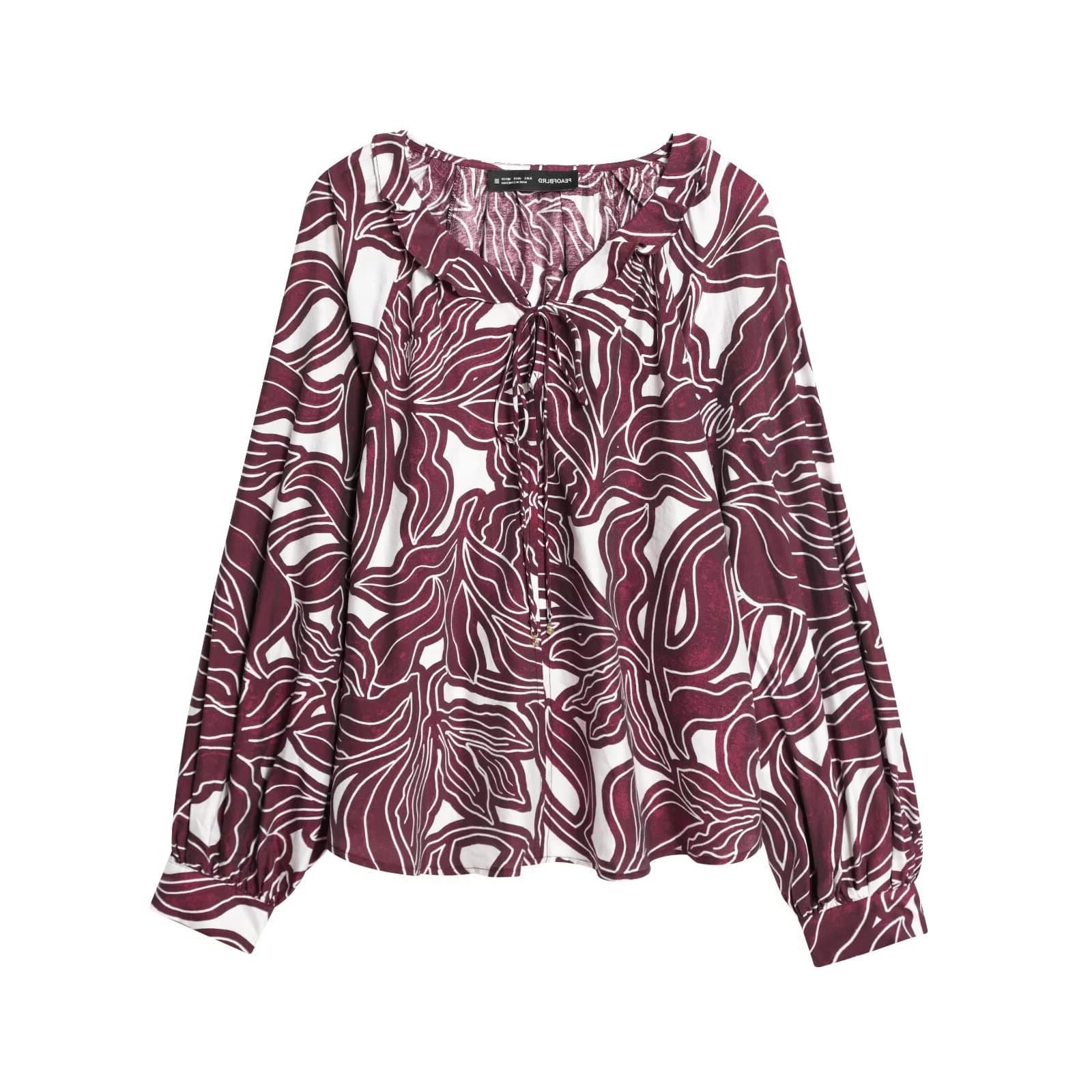 TAOP&ZA Autumn New Women's Fashion Elegant Loose Long Sleeve Tie Neck Ruffle Blouse Top 1295532