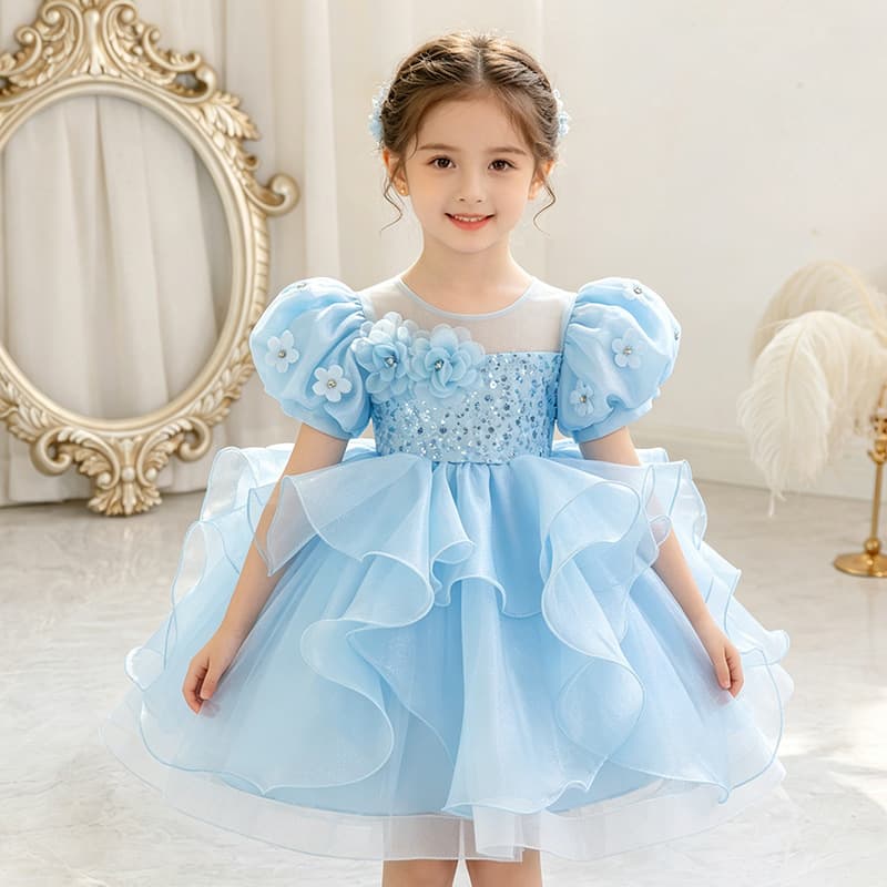 New Arrival Puff Sleeve Floral Kids Dress Princess Gown for Girls Party Dress