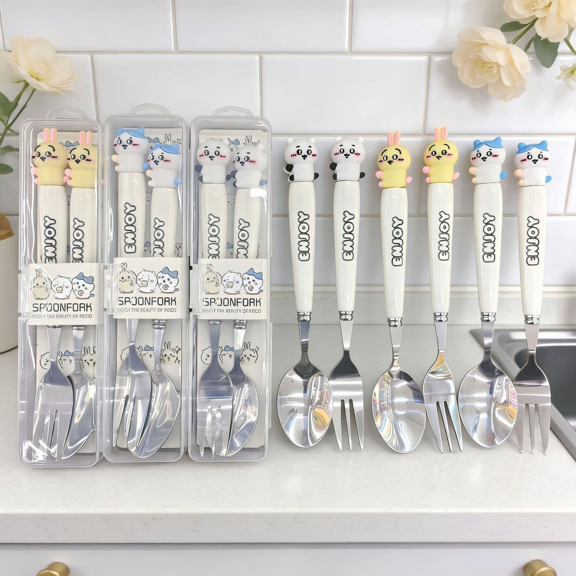 Cartoon tableware set Jiyi Kawa two-piece stainless steel spoon and fork student independent tableware with storage box