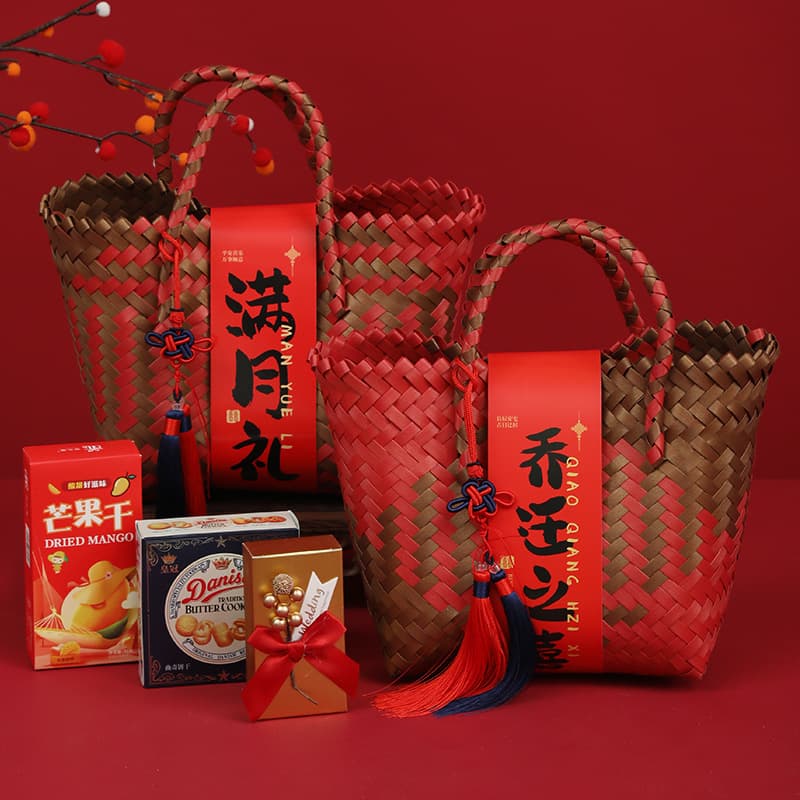 Festival Souvenir Bags, Wedding Favor Bags, Housewarming Gifts, Birthday & 100-Day Celebration Packaging Woven Handled Baskets, Rattan Weaving Art