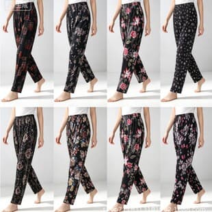 Factory Direct Women's Mid-Aged and Elderly Stretch Floral Pants, Plus Size 9/10 Length Straight Leg Cooling Pants for Square Dancing, Casual Home and Air Conditioning Wear