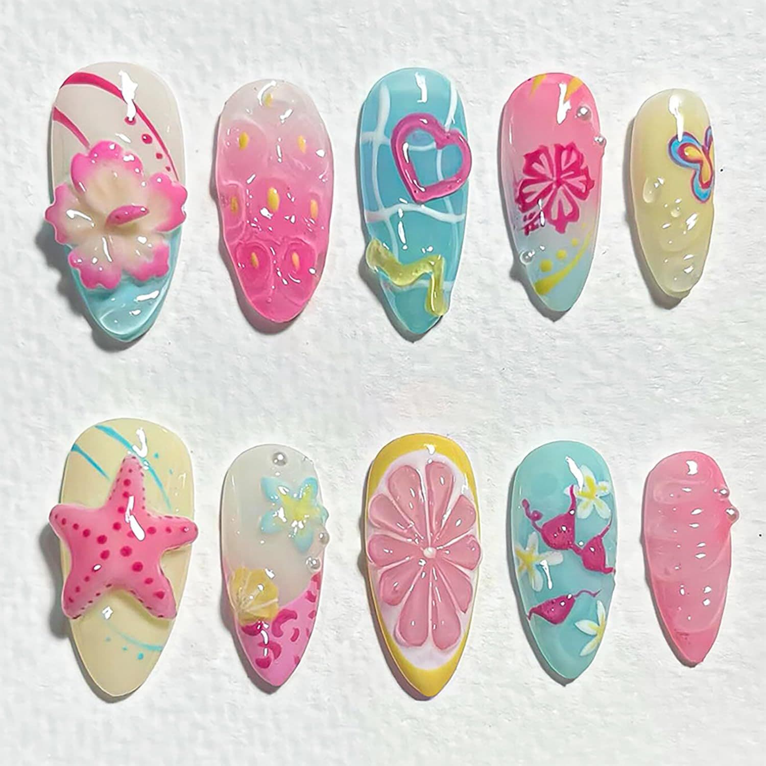 Summer Island Floral Dopamine Wearable Nails 3D Cute Y2K Niche Design Nail Stickers with a High-End Feel
