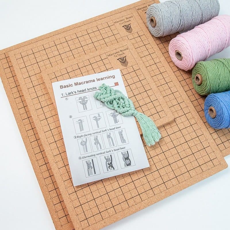 Macrame Square Grid Cork Board, DIY Yarn Cotton Rope Weaving Fixing Tool, Cork Board