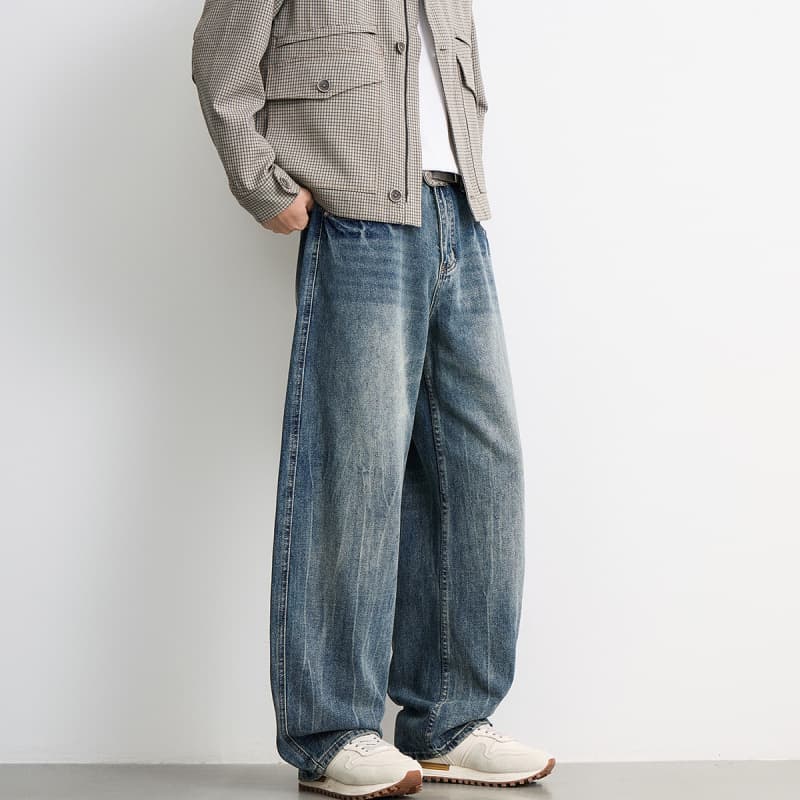Fall American Retro Washed Distressed Design Curved Denim Jeans Men Handsome Premium Droop Wide Leg Curved Jeans