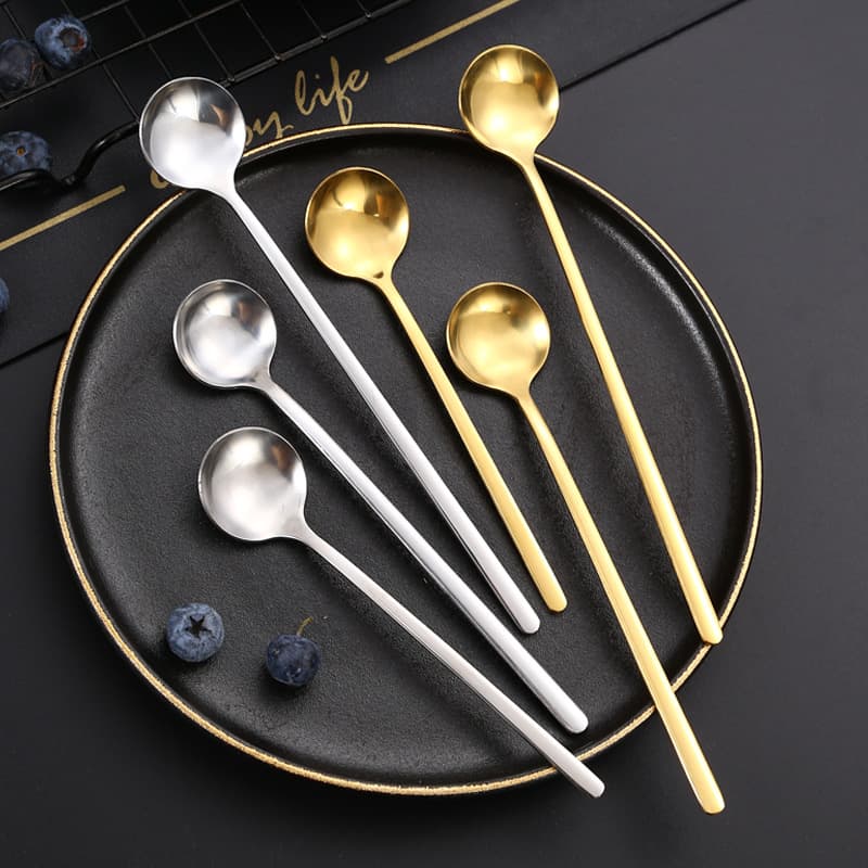Stainless steel small round spoon factory direct in stock mixing spoon dessert spoon golden spoon long handle European coffee spoon