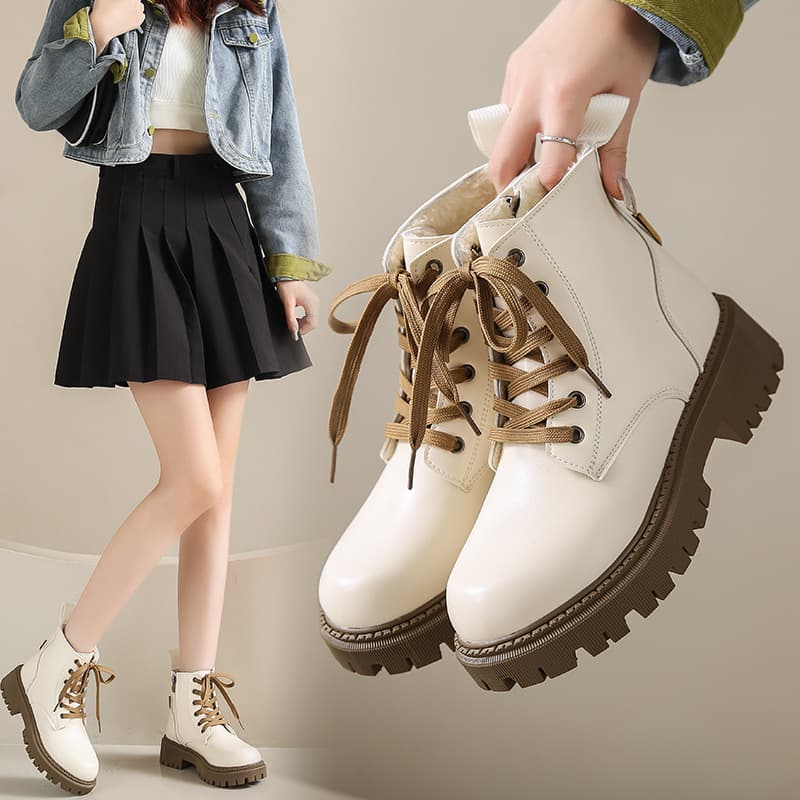 Women's Martin Boots British Style 2024 New Low-Top Boots Thick Sole Leather Short Boots Women's Autumn Winter Fleece-Lined Martin Boots