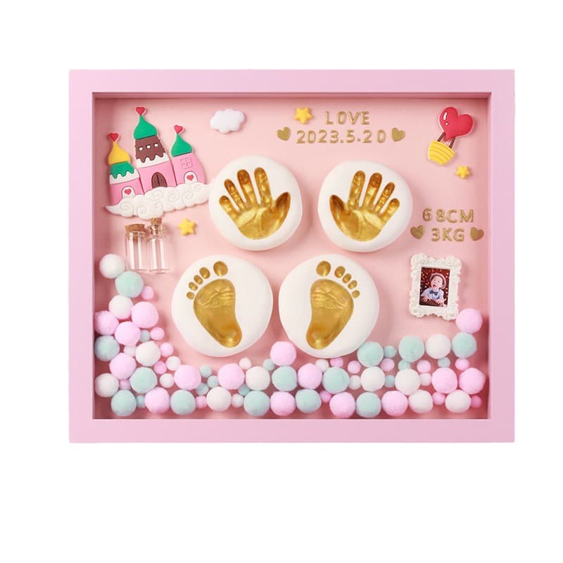 Baby Full Month Hundred Days Hand and Footprint Ink Pad Keepsake Photo Frame, Infant First Year Handprint Footprint Umbilical Cord Fetal Hair Memento
