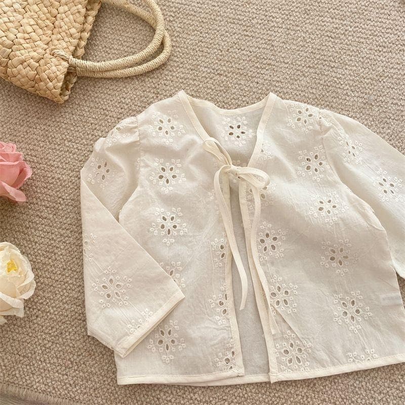 2026 Summer New Girls Embroidered Hollow Out Jacket Children Fashionable Flower Tie Dye Baby Sun Protection Top