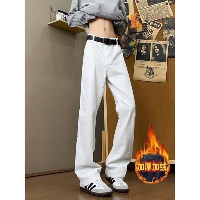 White Fleece-Lined Curved Cut Jeans for Men Autumn/Winter Style American High Street Slim Straight Flared Pants