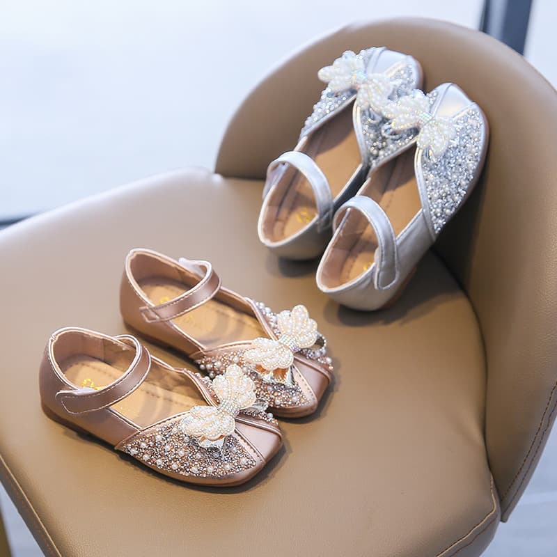 Popular Pearl Soft-Soled Girls' Princess Shoes Autumn New, Fashion Girl Single Shoes, Korean Style Bow Children's Crystal Shoes