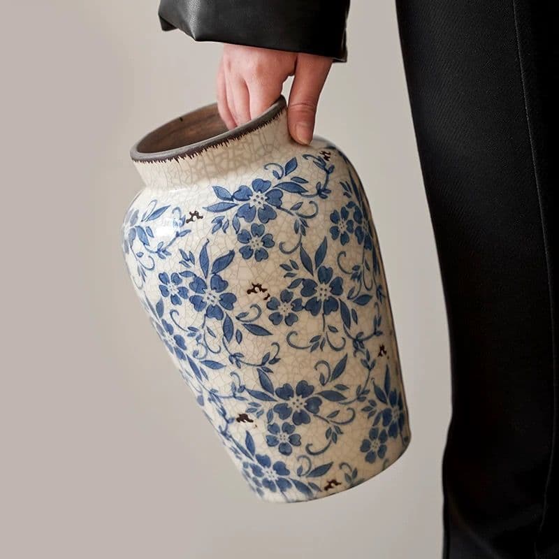 ⭐Vase blue and white porcelain ornaments Chinese-style ceramics retro floor-standing high-end living room flower arrangement classical high-end large