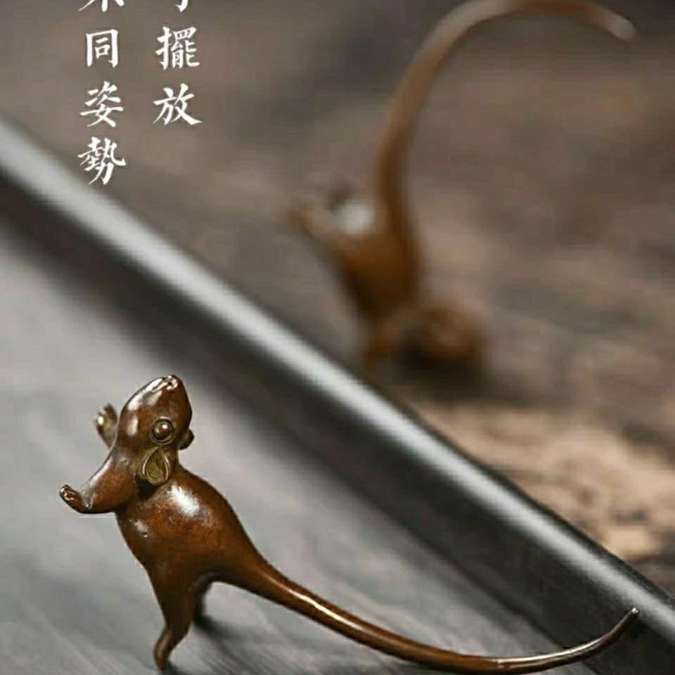 Antique Copper Long-tailed Mouse Desktop Tea Pet Ornament, Small Mouse Long-tailed Rodent Study Tea Play, Tea Ceremony Piece