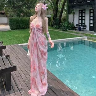 Sexy Floral Camisole Low-Neck Maxi Dress for Women, Summer Super Fairy Sweet French Vacation High-End Floor-Length Dress