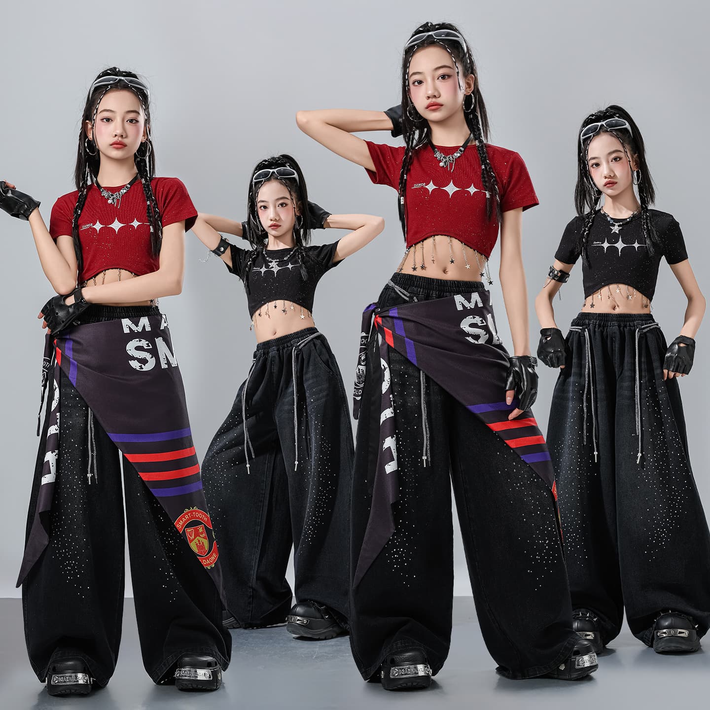 Children's Jazz Dance Costume for Girls, Sweet and Cool Street Dance Outfit, Crop Top with Denim Pants, Fashion Set