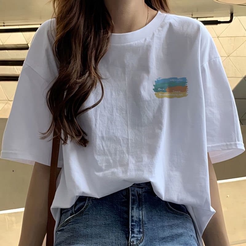 2024 New Women's Short-Sleeve White Printed Summer Round Neck Top Short-Sleeve T-Shirt Trendy All-Match Base
