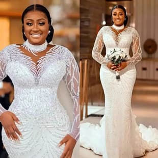 Cross-Border European and American Bride High-End Wedding Dress Slim Fit Train White Long Sleeve Mermaid Floor-Length Gown