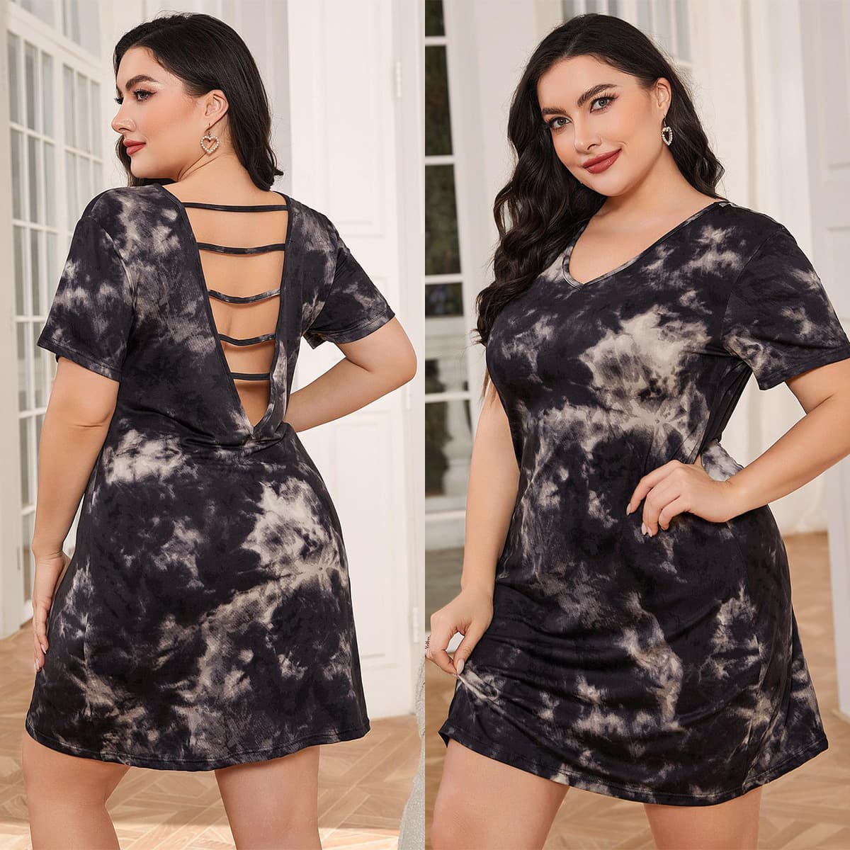 Women's Plus Size Sleepwear Summer Nightgown Short Sleeve Tie-Dye Backless Sexy Home Dress Amazon