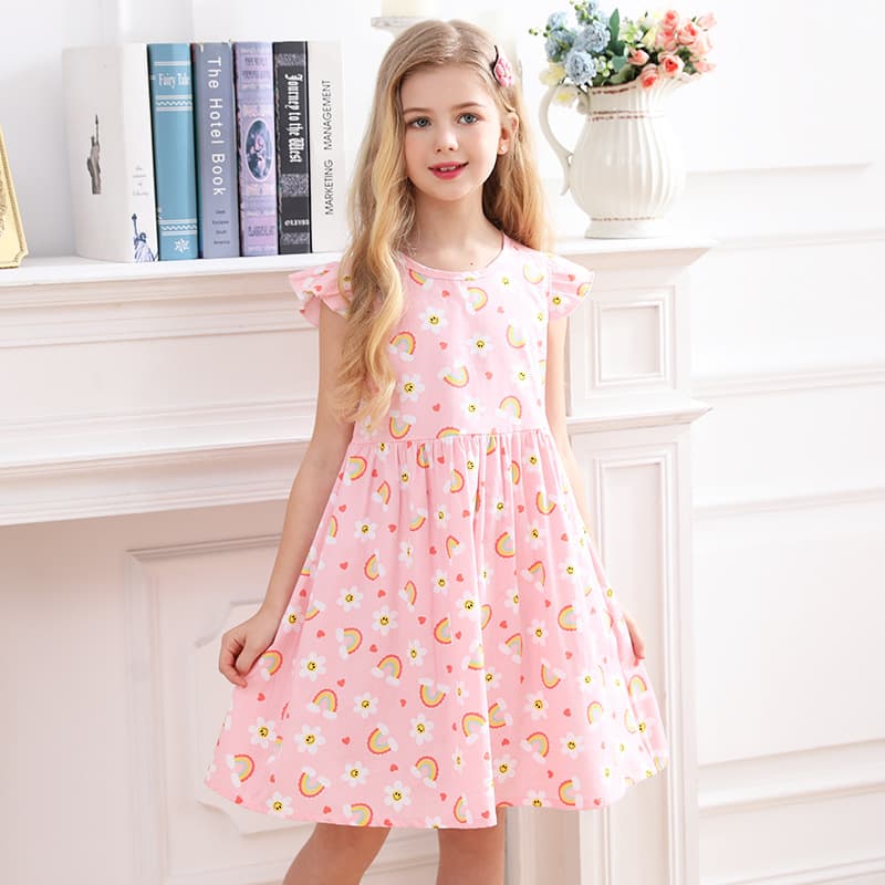 Summer Floral Print Cotton Princess Dress for Girls, Children's Clothing, Shoulder Strap Skirt, Elegant Fairy Style Little Girl Dress