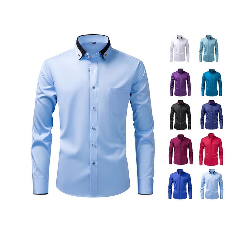European Size Men's Dress Shirt with Diamond Buttons, Wrinkle-Free, Four-Way Stretch, Slim Fit, Business Formal Long Sleeve Shirt
