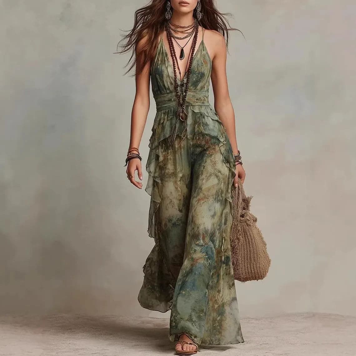 Retro Tie-Dye Strappy Sundress for Women Summer Waist-Defining Ruffle Backless Boho Vacation Maxi Dress