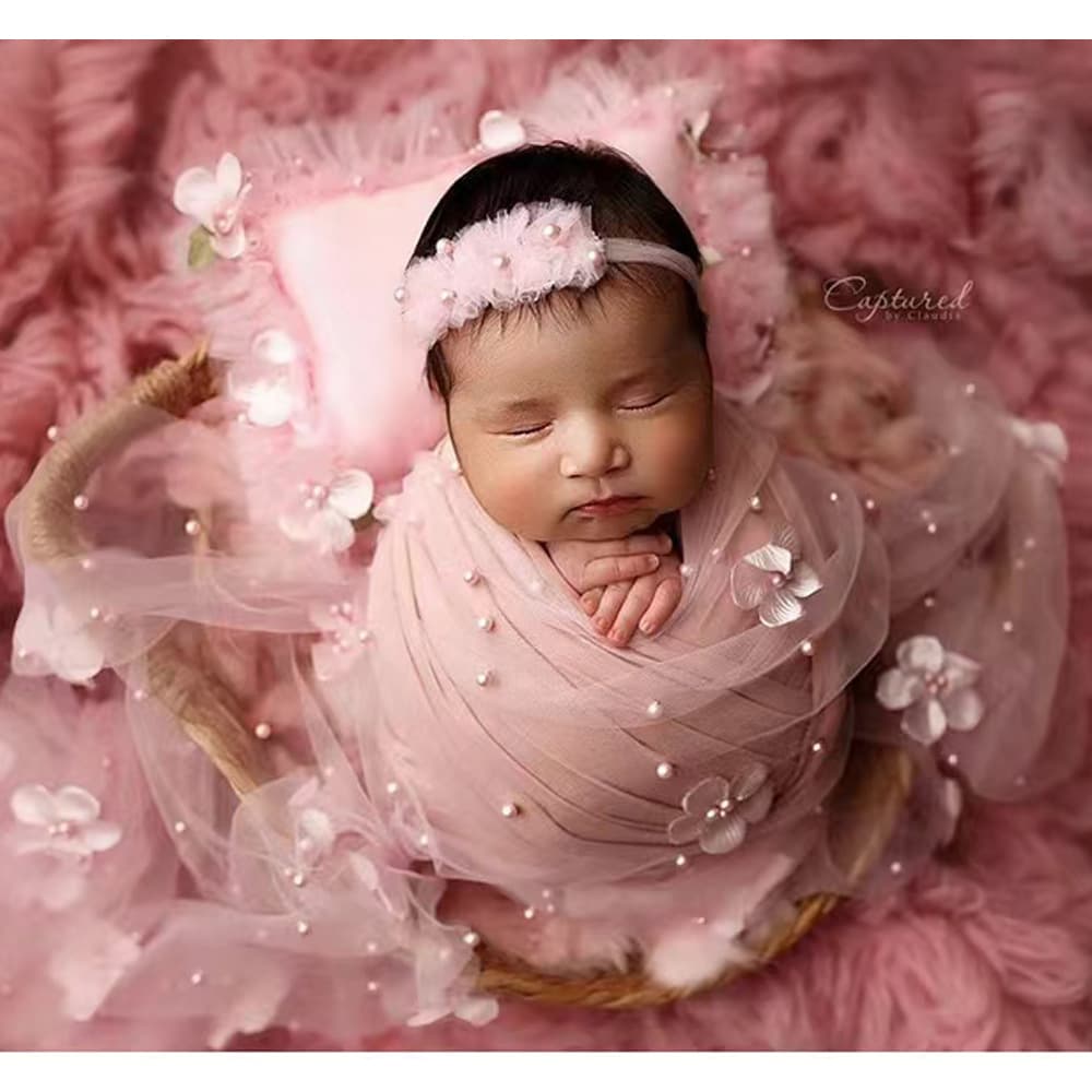 Cross-border New Children's Photography Wrap Cloth Newborn Photo Wrap Gauze Baby Chiffon Scarf with Pearl Headpiece