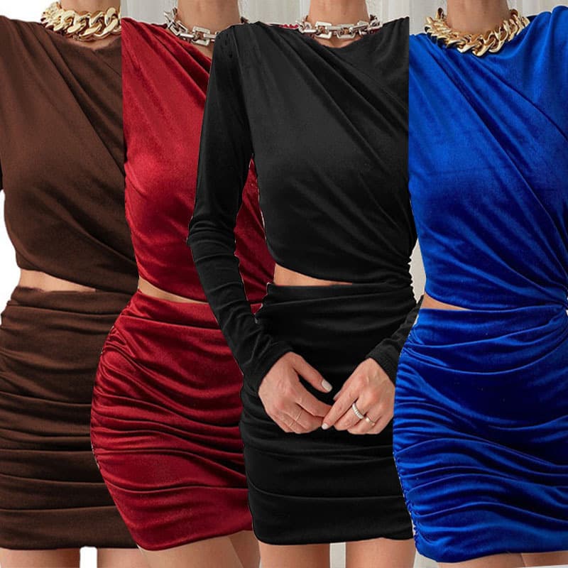 Gold Velvet Dress, Sexy Pleated Hip-Hugging Skirt, Elegant Shoulder-Padded Long-Sleeved Waist-Revealing Slim-Fit Hip-Hugging Dress