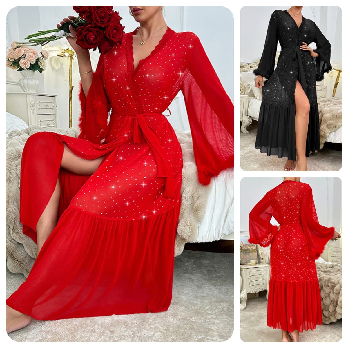 Cross-border Sexy Nightgown Women Mesh Bathrobe Long Sleeve with Fluffy Cuffs Sequins Mesh Sleepwear Robe Homewear Multicolor 872