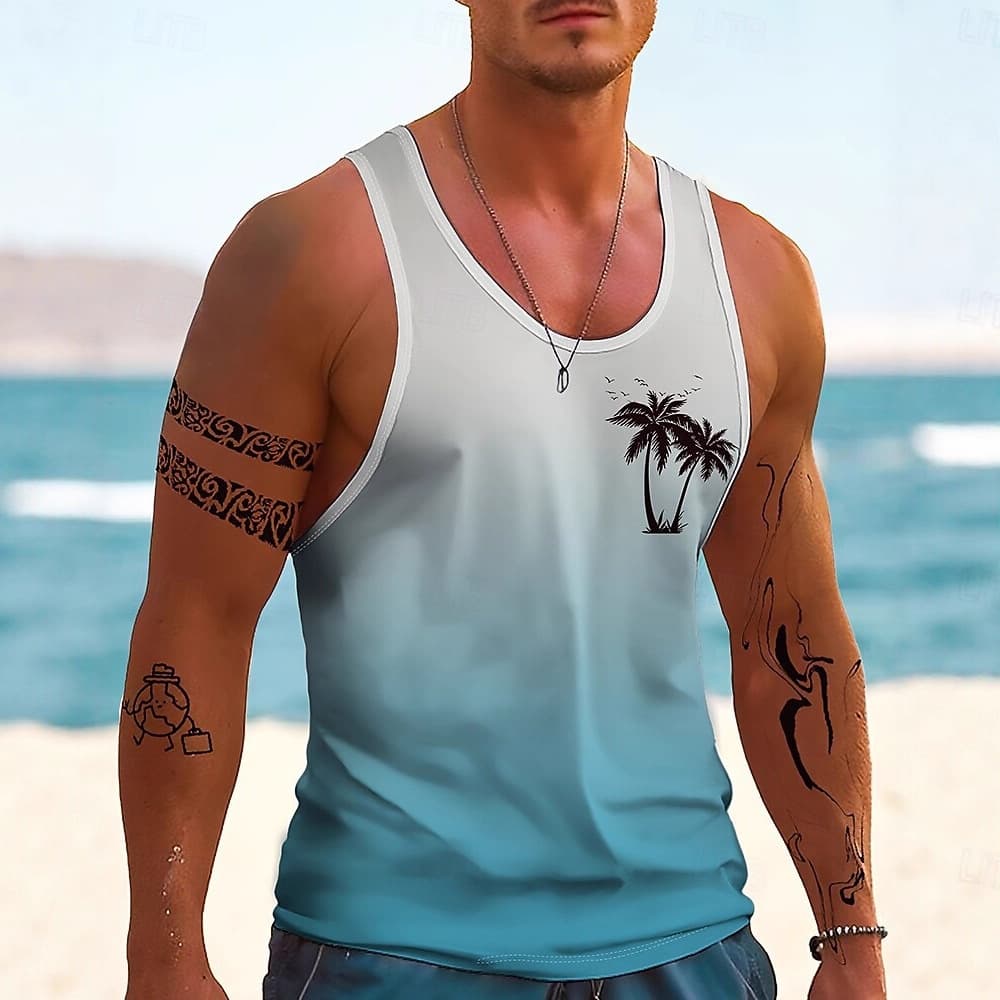 2026 Cross-Border Summer Beach Vacation New Palm Print Muscle Gym Workout Casual Men's Vest