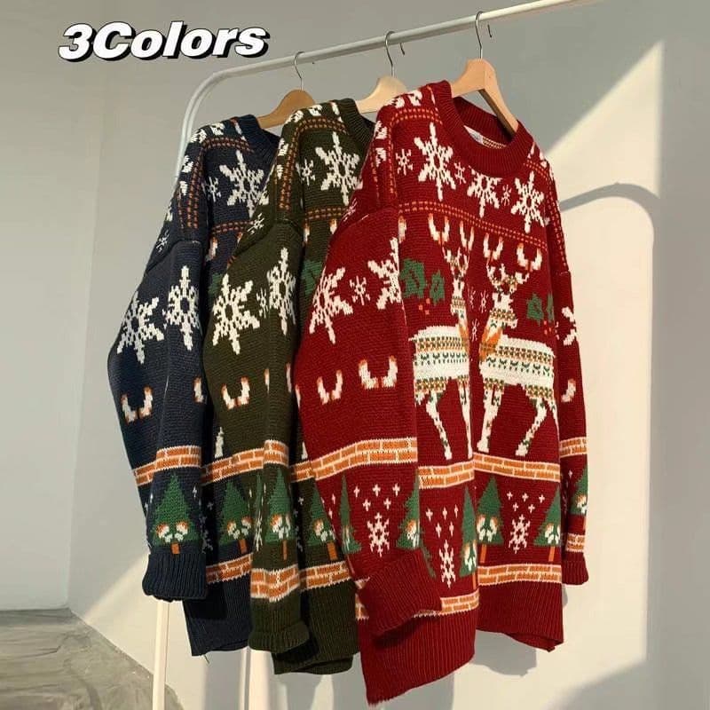Christmas Red Men's Sweater Casual Loose Fit Knitted Shirt for Couples Winter Fashion Basic Style Long Sleeve round Neck
