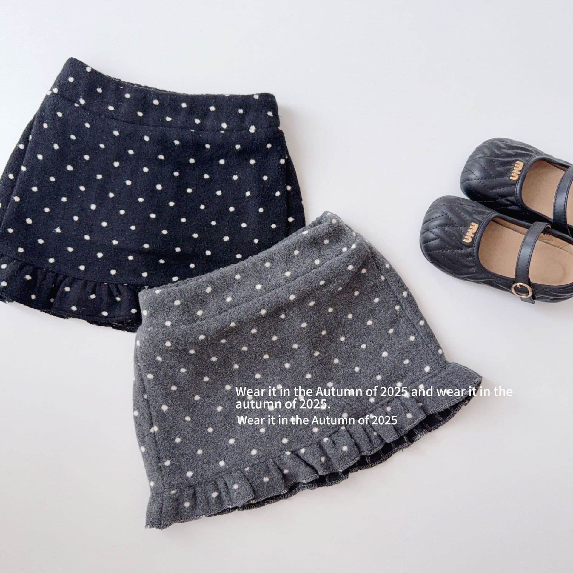 Wool skirt, Korean style, children's polka dot lace autumn skirt, new high-waisted A-line elastic waist short skirt for girls.
