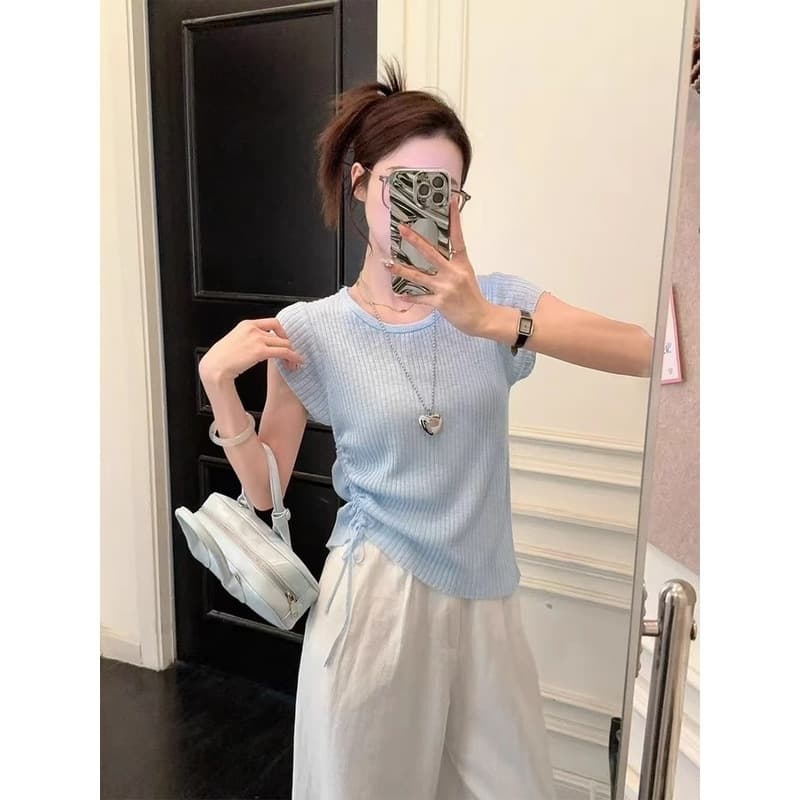 Yuns Sweet Elegant Side Drawstring Ice Silk Short-Sleeved 2025 Summer Korean Style Casual Age-Reducing Knitted Shirt Tops for Women