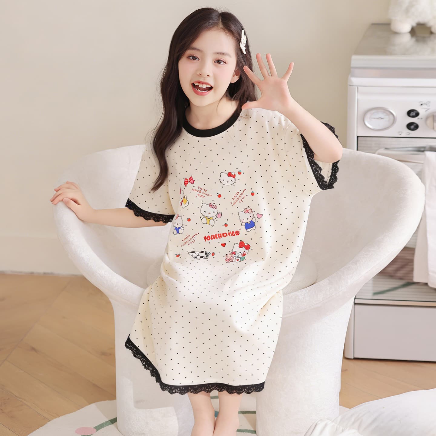 2026 New Girls' Cotton Short-Sleeve Nightgown, Thin Summer Style, Cartoon Print, Kids Homewear