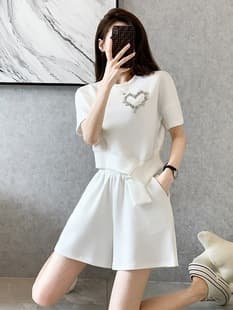 Chanel-Style Casual Shorts Set Women Summer 2025 Round Neck Love Rhinestone Student Plus Size Women's Clothing