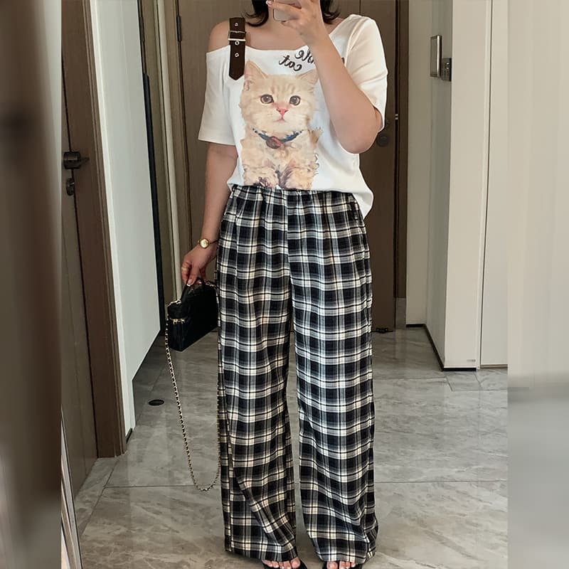 Shuangtian 2026 Summer New Plus Size Women's Clothing Casual Plaid Pants + Cartoon Off-Shoulder T-Shirt 9283-9299