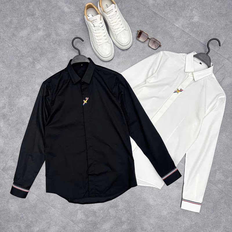 Men's European Fit Long Sleeve Business Shirt with Slim Fit Hummingbird Embroidery, Black and White Simple Shirt B1CAF1E94