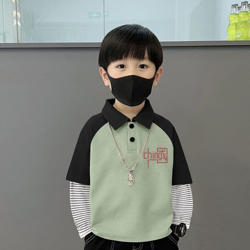 Boys' Turn-down Collar T-Shirt Spring Autumn New Children's Polo Shirt Stylish Top Layered Contrast Color Long Sleeve