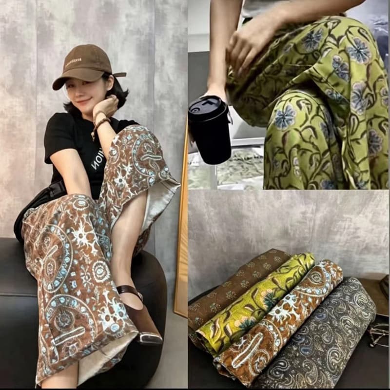 Vintage Print Casual Wide-Leg Pants for Women 2026 Summer New High-Waist Slimming Thin Flowing Cropped Pants for Petite