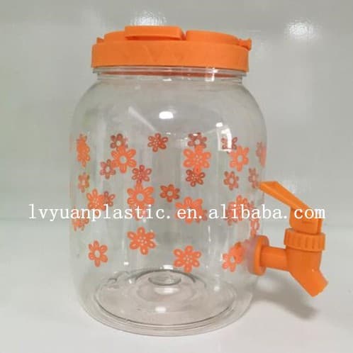 Professional production of heat transfer and screen printing eco-friendly plastic transparent juice pitcher with faucet, PET cold water dispenser