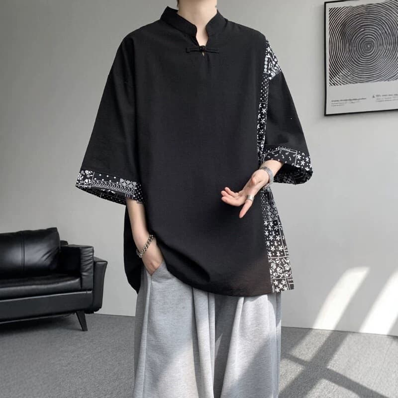 New Chinese style men's Chinese style cotton linen short-sleeved T-shirt men's summer trendy brand five-quarter sleeve men's plus size