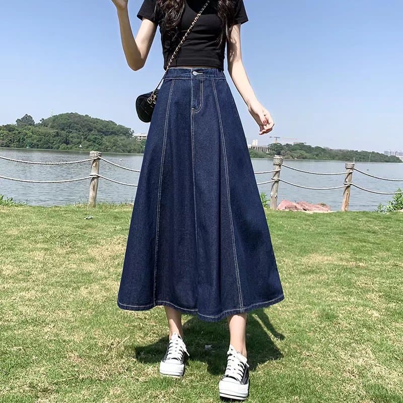 2022 Summer New Denim Skirt A-Line Medium-Length Half Body Over Knee Fashionable Trendy Slimming Wide Hemline Skirt