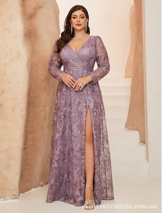 New Cross-Border Plus Size Long V-Neck Evening Dress Striped Sequin Gown Party Birthday Slit High-Waist Long Skirt
