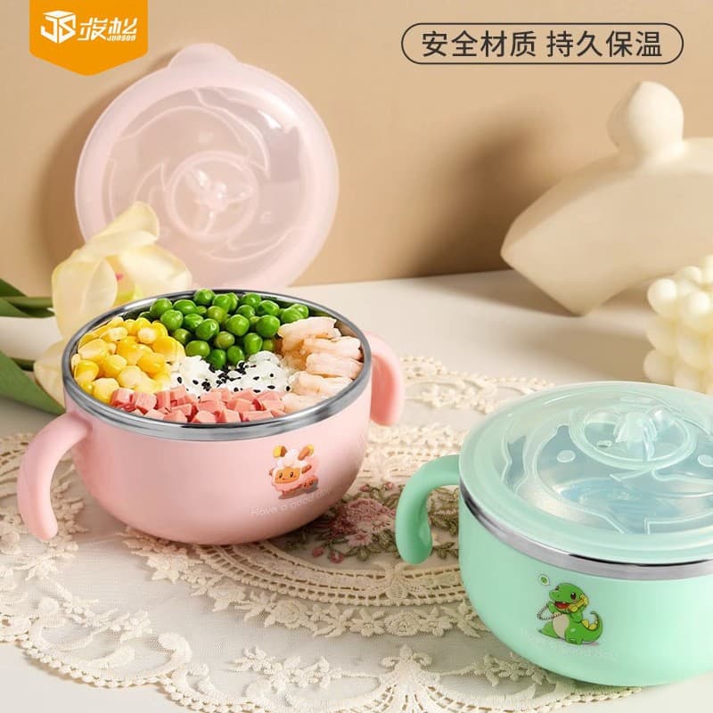 Children's non-slip and anti-scalding stainless steel insulated bowl baby water-filled anti-scalding bowl with handle insulated stainless steel water-filled food supplement