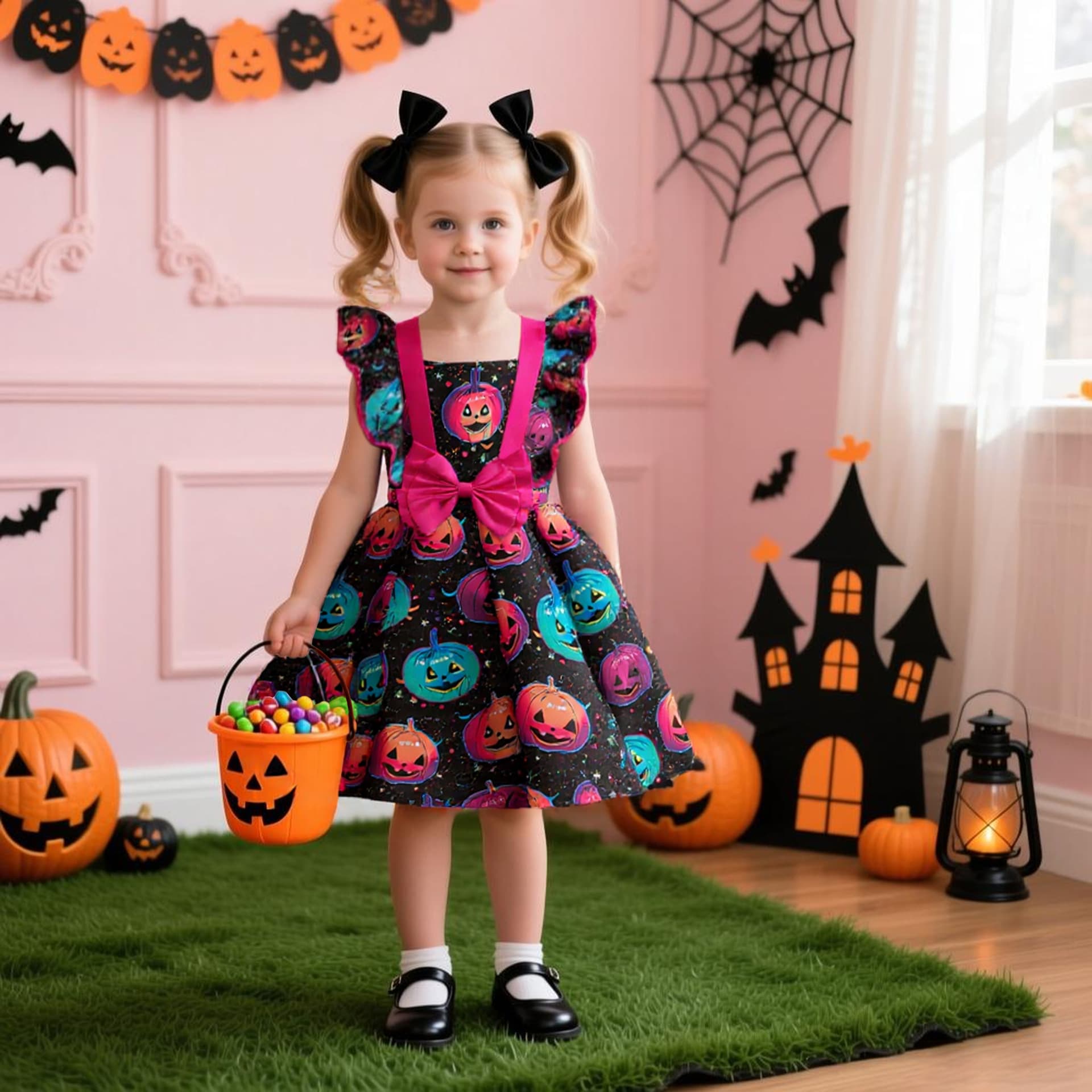 Princess Costume Halloween Girl's Dress Satin Fabric Printed Children's Clothing European Style Lace Detailing Birthday Party