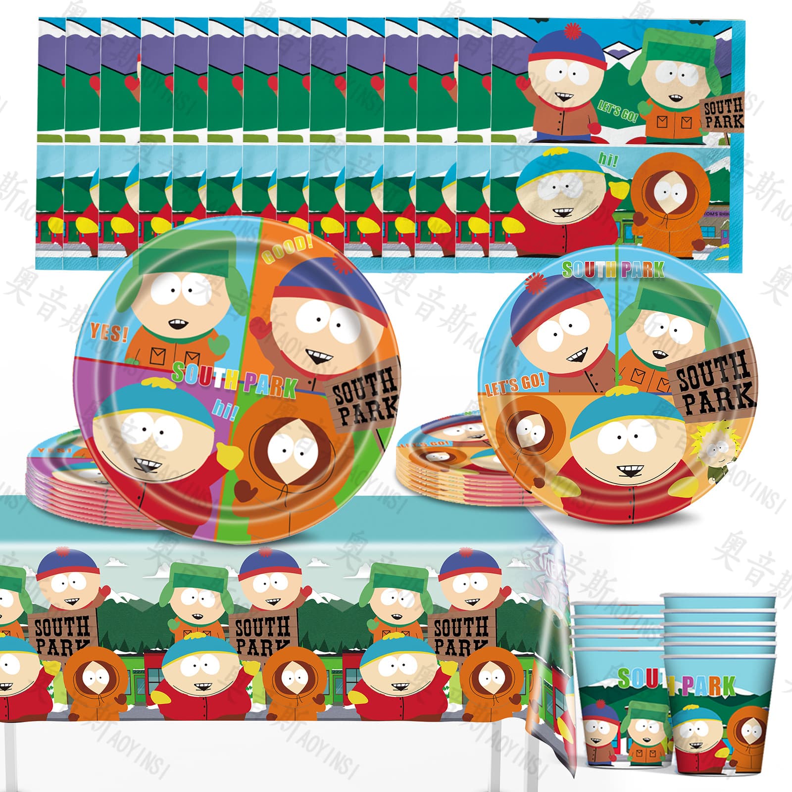 South Park Party Supplies - South Park Tableware Paper Plates, Paper Cups, Tablecloth, Disposable Balloon Decoration Set