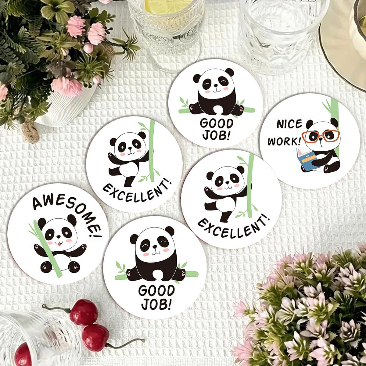 6-Pack Coasters with Cartoon Panda Theme, Black and White Tones with Light Green Accents, Cute Style
